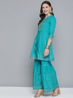 Thumbnail for HERE&NOW Floral Yoke Design Regular Beads and Stones Pure Cotton Kurta with Sharara - Distacart