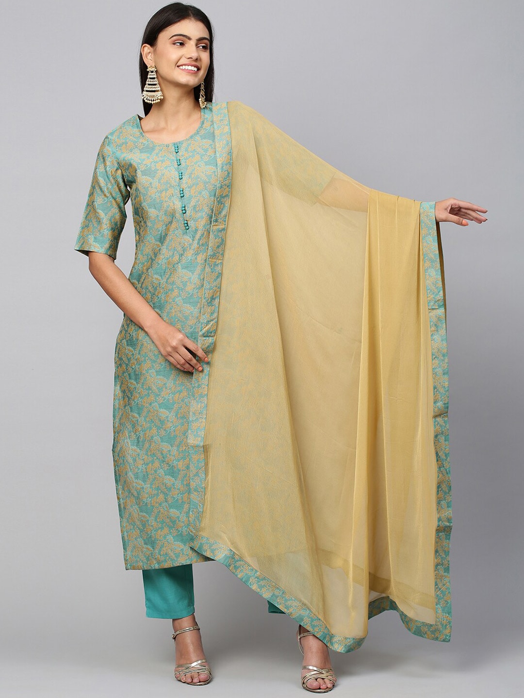 Kalini Women Sea Green Straight Woven Kurta with Trouser & With Dupatta - Distacart