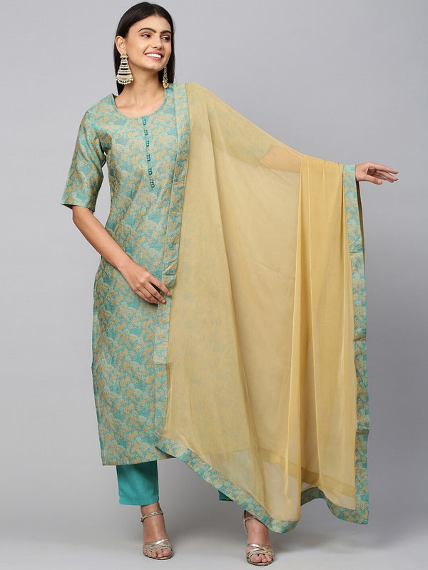 Kalini Women Sea Green Straight Woven Kurta with Trouser & With Dupatta - Distacart