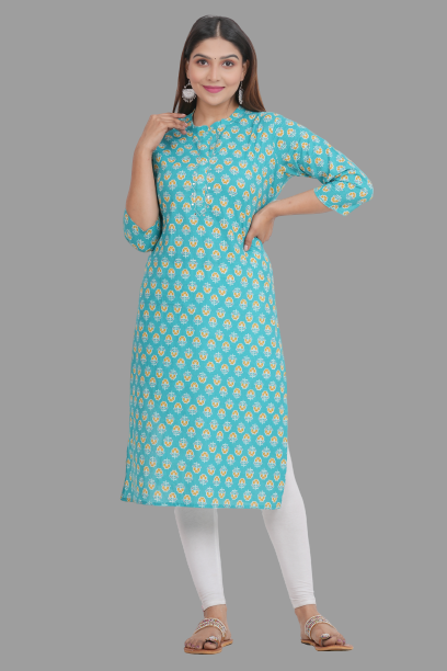 House of RP Women's Turquoise Cotton Floral Print Straight Kurta - Distacart
