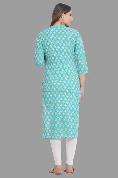 House of RP Women's Turquoise Cotton Floral Print Straight Kurta - Distacart