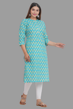 Thumbnail for House of RP Women's Turquoise Cotton Floral Print Straight Kurta - Distacart