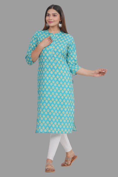 House of RP Women's Turquoise Cotton Floral Print Straight Kurta - Distacart