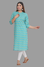 Thumbnail for House of RP Women's Turquoise Cotton Floral Print Straight Kurta - Distacart