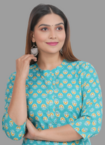 Thumbnail for House of RP Women's Turquoise Cotton Floral Print Straight Kurta - Distacart