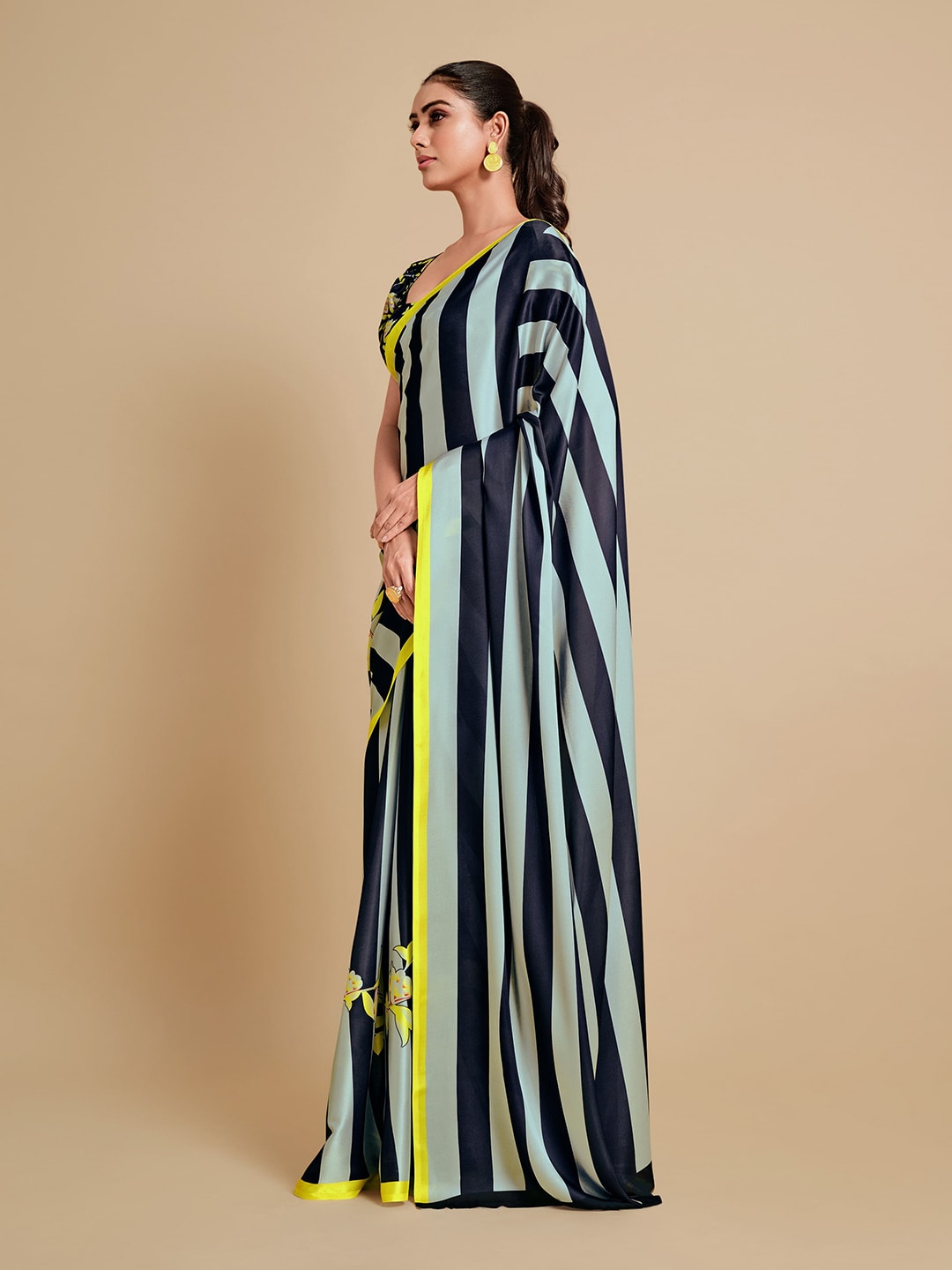 Sangria Navy Blue & Green Striped Satin Saree - Distacart