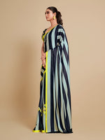 Thumbnail for Sangria Navy Blue & Green Striped Satin Saree - Distacart