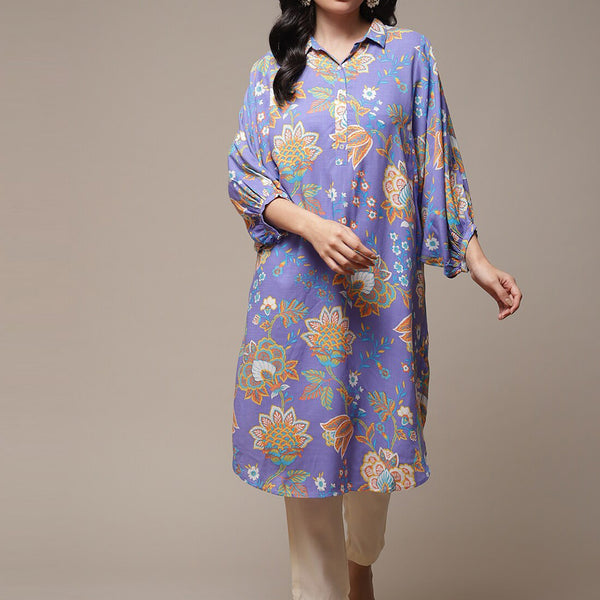 Biba Floral Printed Shirt Collar Kurta - Distacart