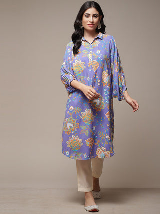 Biba Floral Printed Shirt Collar Kurta - Distacart