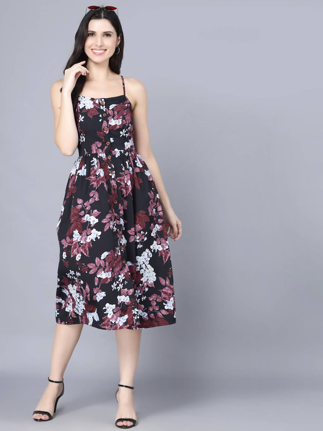 Myshka Multicoloured Floral Organic Cotton Crepe Midi Dress - Distacart