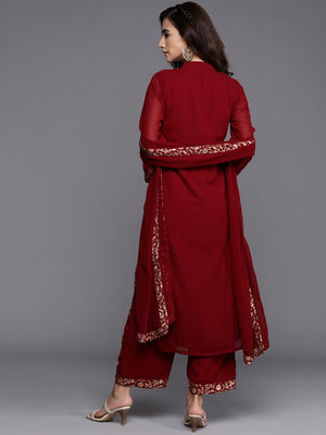 Libas Maroon & Golden Embroidered Kurta with Palazzos & Dupatta - Distacart