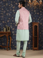 Thumbnail for House of Pataudi Mandarin Collar Straight Kurta With Churidar & Embroidered Nehru Jacket - Distacart