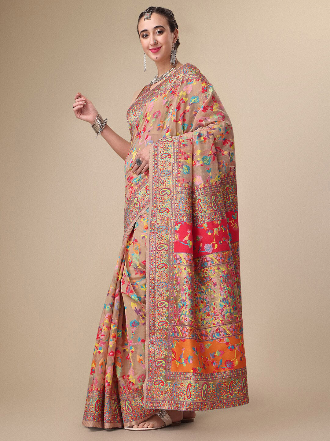 Sangria Beige & Orange Floral Woven Design Pure Silk Saree - Distacart