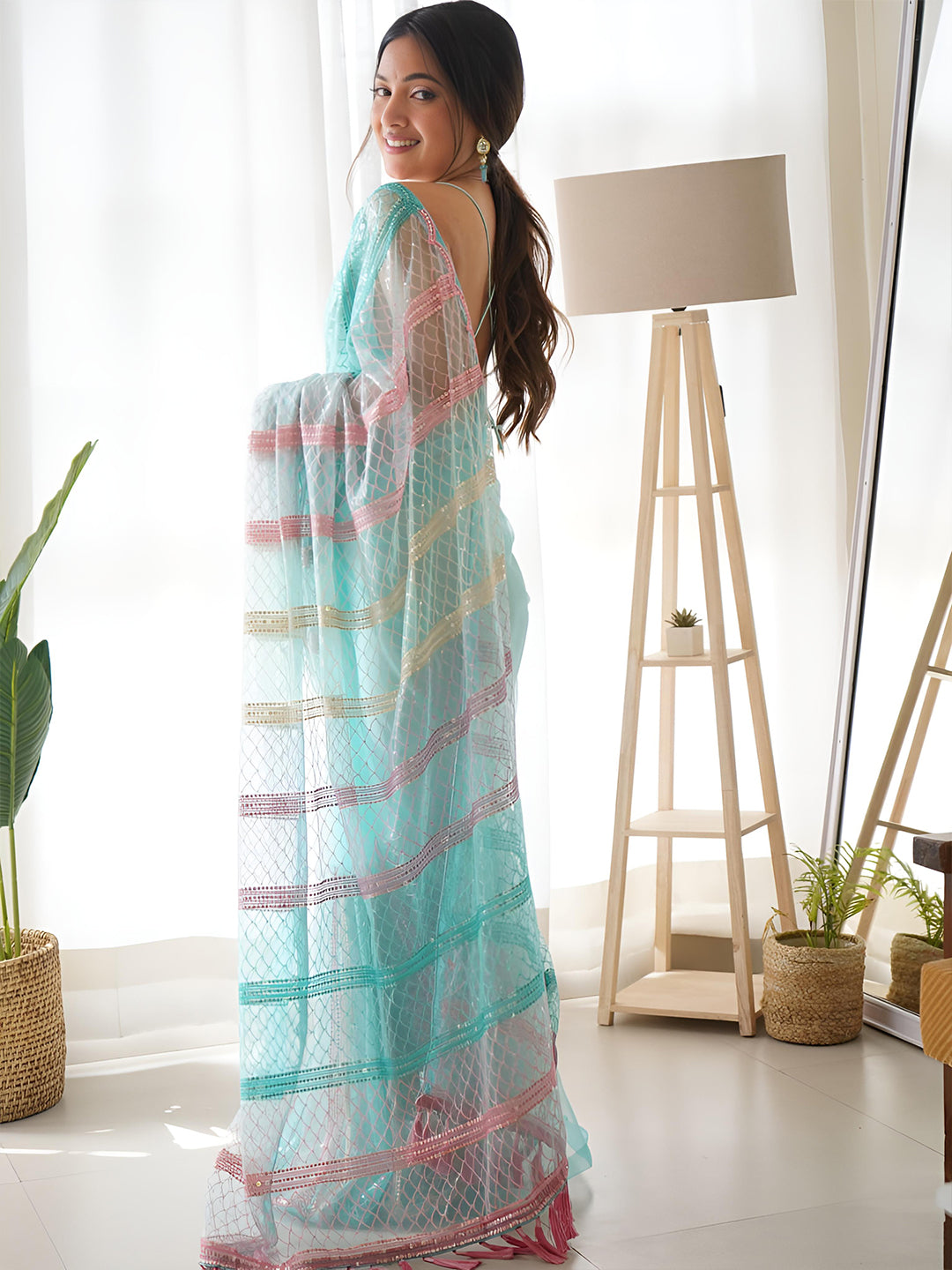 Anouk Striped Sequinned Net Saree - Distacart