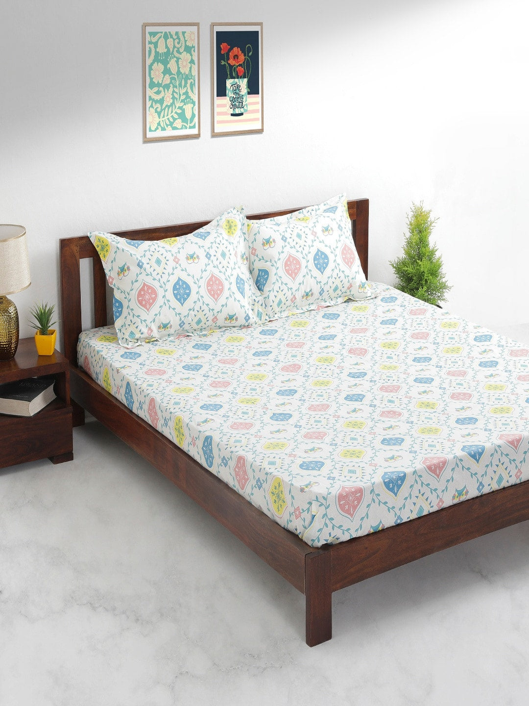 Chumbak White & Blue Ethnic Motifs 136 TC Cotton 1 Queen Bedsheet with 2 Pillow Covers - Distacart