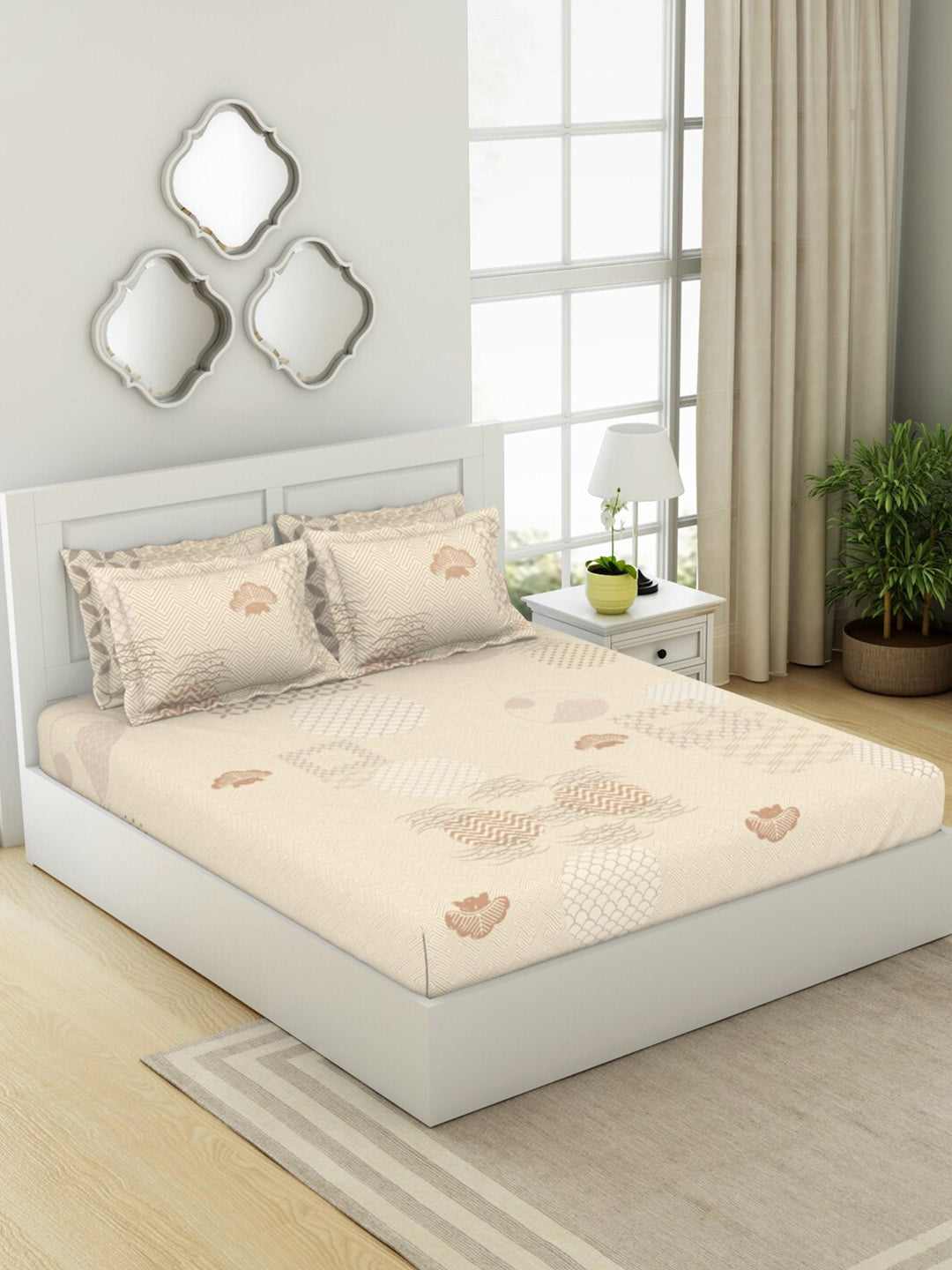 SPACES Pattern Art Cream Printed Egyptian Cotton 350 TC King Bedsheet & 4 Pillow Covers - Distacart