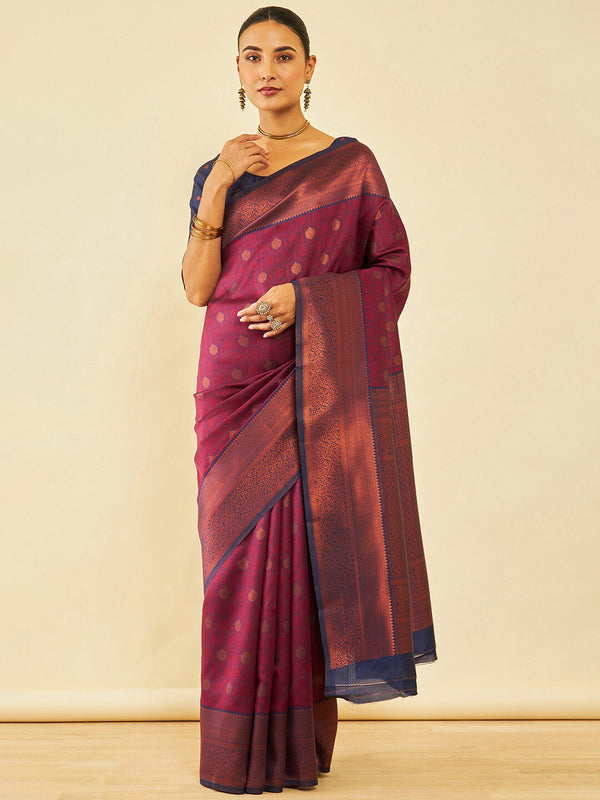 Soch Magenta & Gold-Toned Floral Woven Design Zari Silk Blend Saree - Distacart