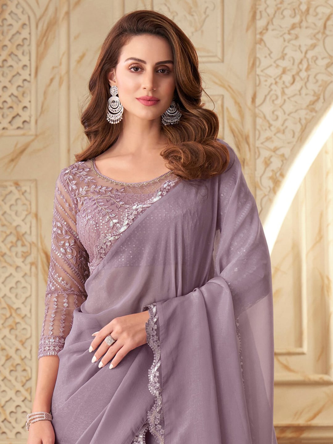 Mitera Pink Embellished Sequinned Poly Georgette Saree - Distacart