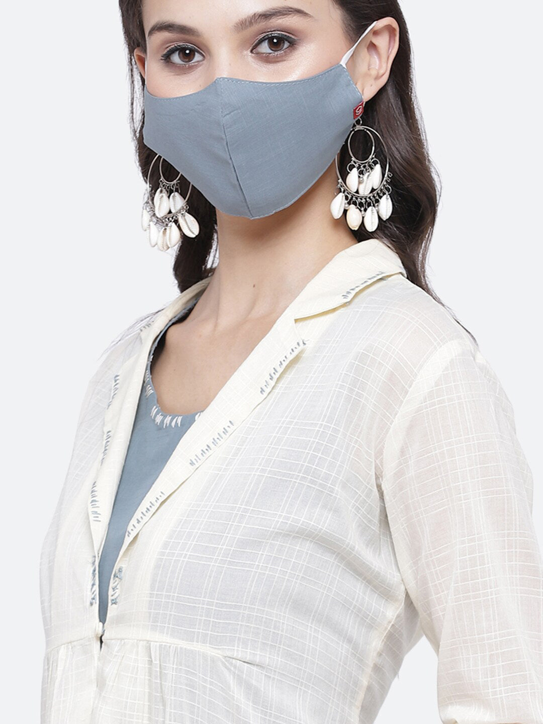 Biba Women Blue Cotton Kurta With Mask & Jacket - Distacart