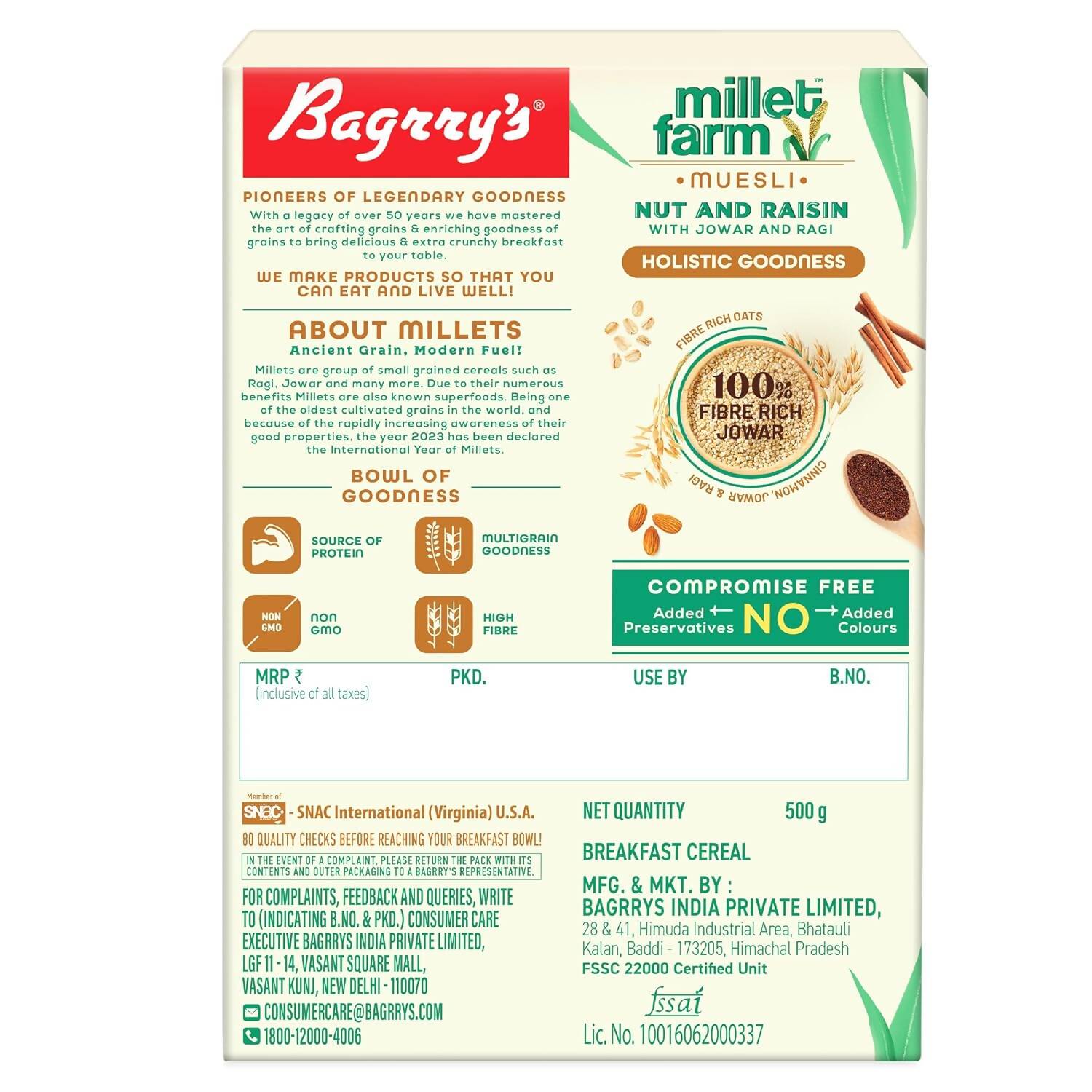 Bagrry's Millet Farm Nut & Raisin Muesli with Jowar and Ragi - Distacart