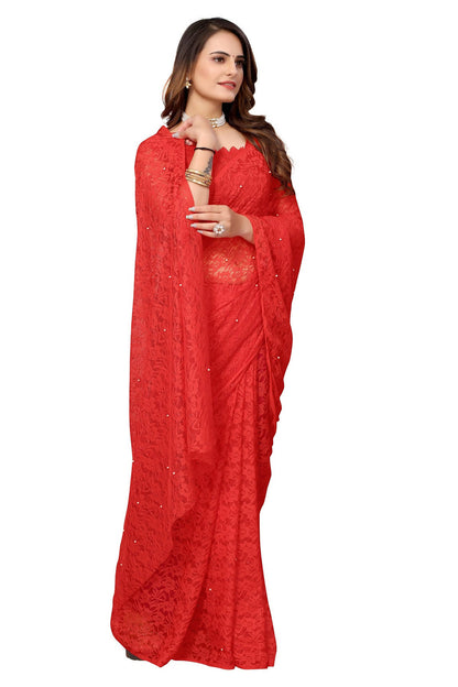 Vamika Ethnic Fire Red Pearls Net Saree - Distacart