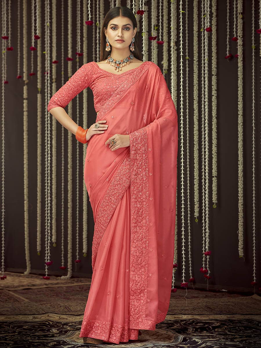 Myra Peach Organza Heavy Embroidered Saree - Distacart