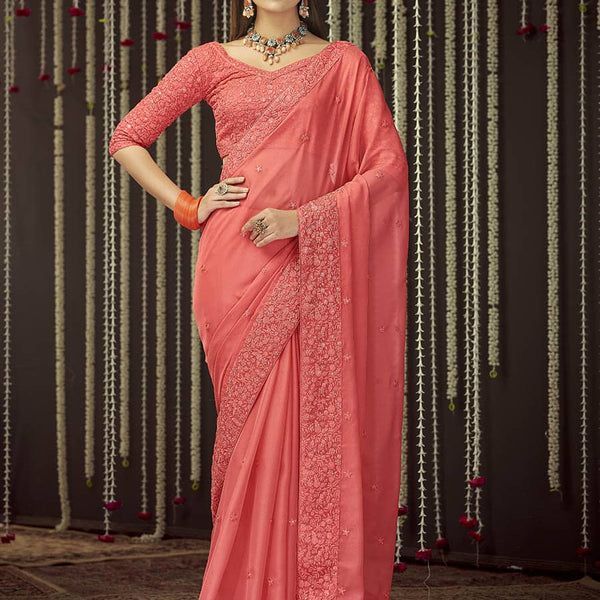 Myra Peach Organza Heavy Embroidered Saree - Distacart