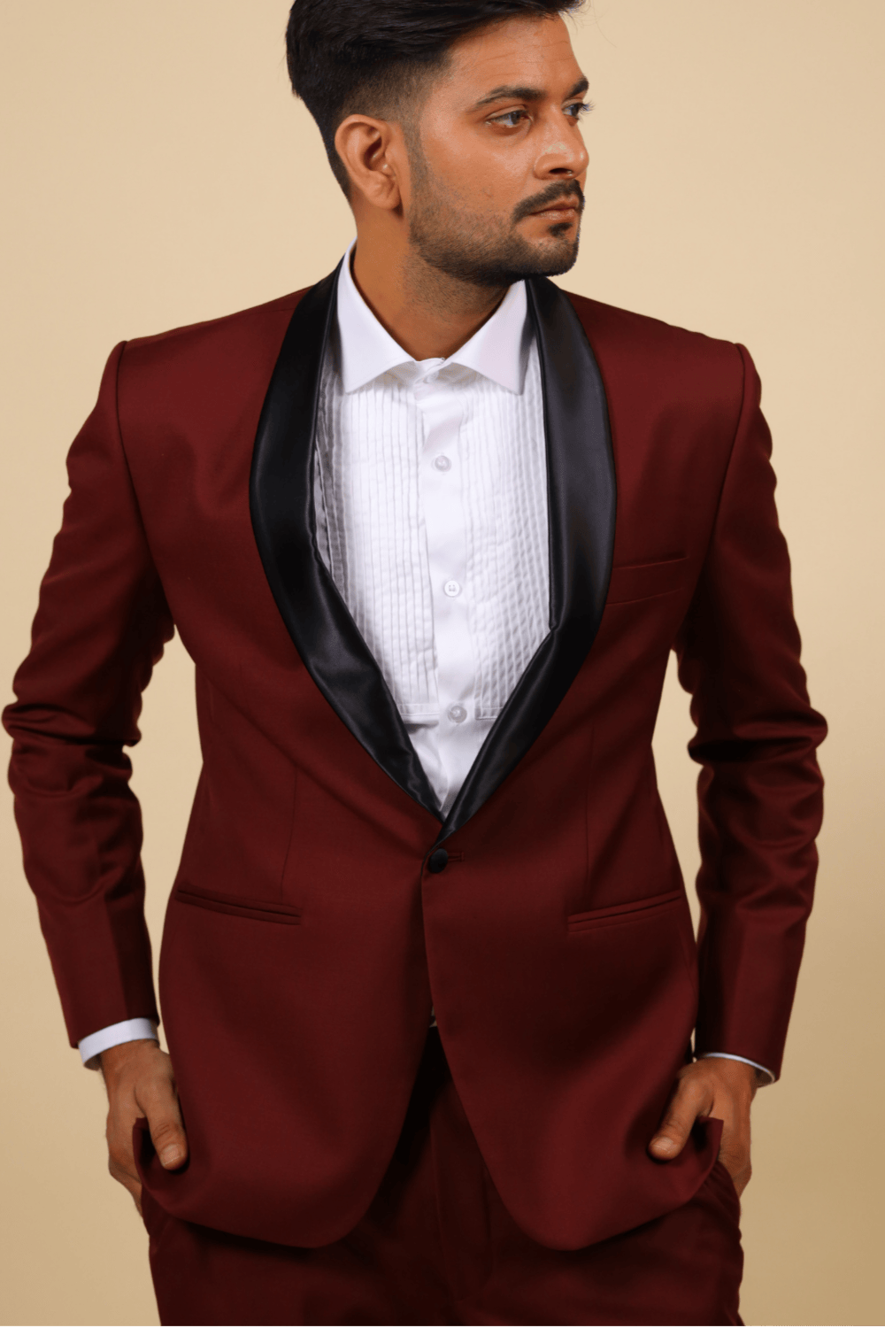 Burgundy Designer Tuxedo With Black Satin Lapels by Hilo Designs - Distacart