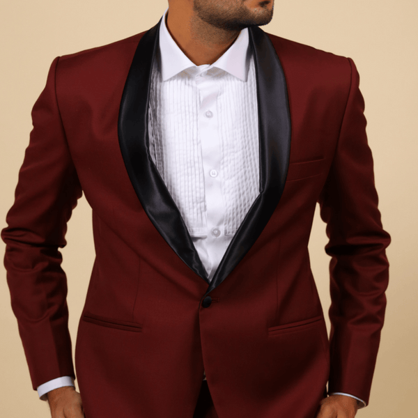 Burgundy Designer Tuxedo With Black Satin Lapels by Hilo Designs - Distacart
