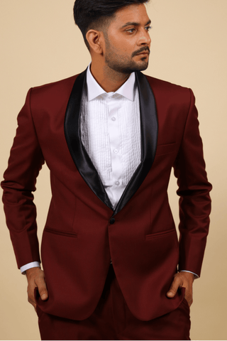 Burgundy Designer Tuxedo With Black Satin Lapels by Hilo Designs - Distacart
