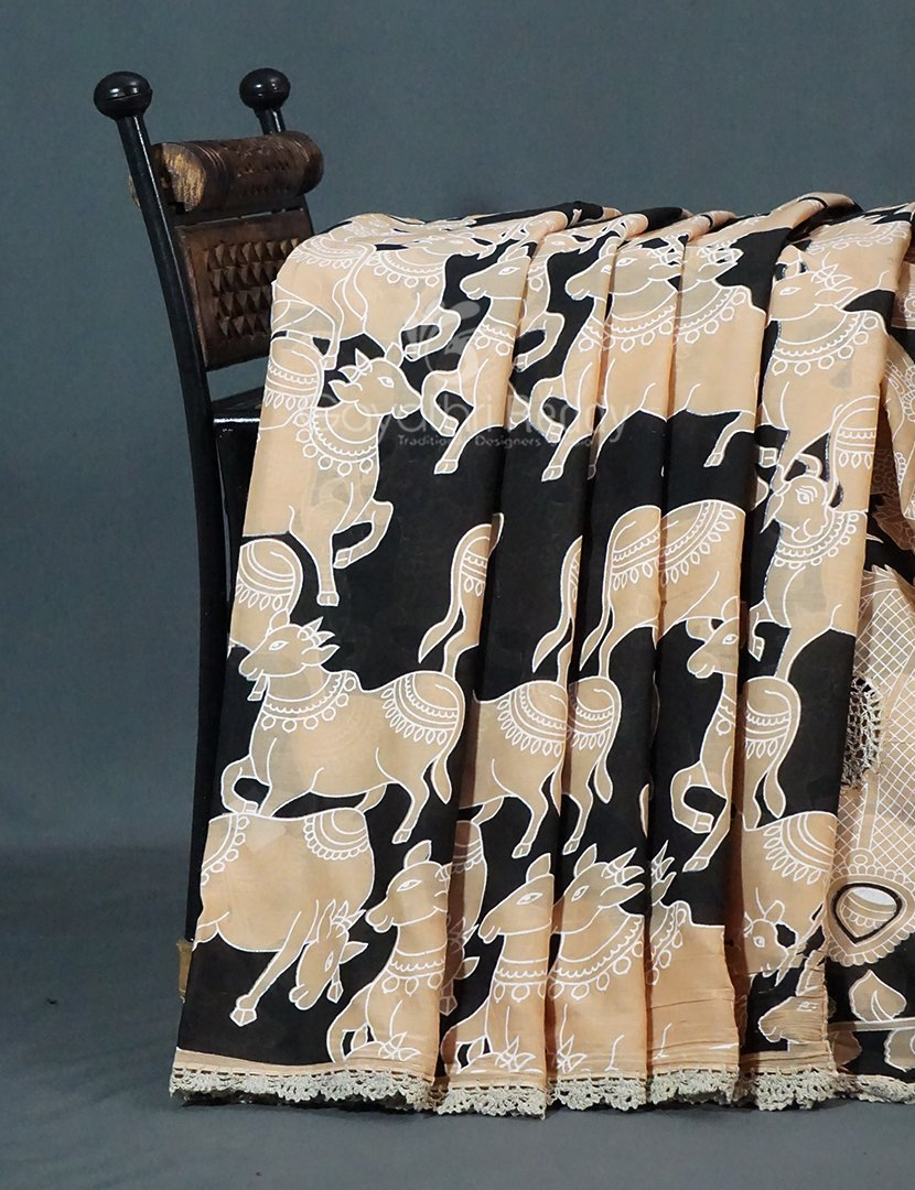 Black And Beige Combo Colour Pichwai Print Crocia Mulmul Cotton Saree By Gayathri Reddy Designer Studio - Distacart