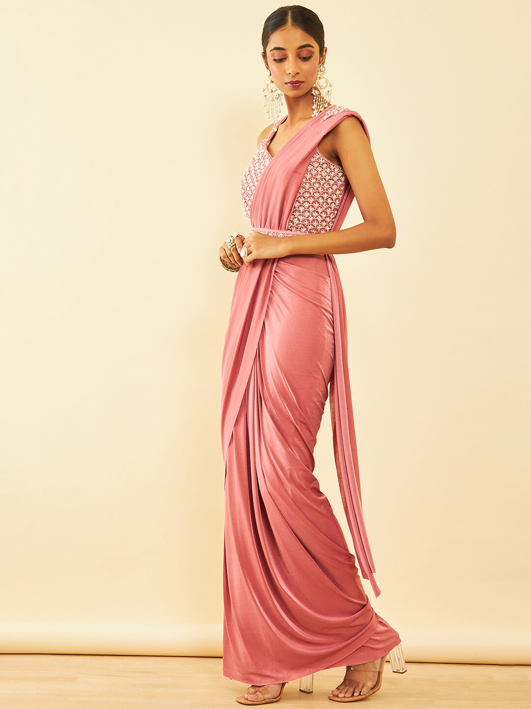 Soch Pink Beads and Stones Embellished Ready to Wear Saree - Distacart