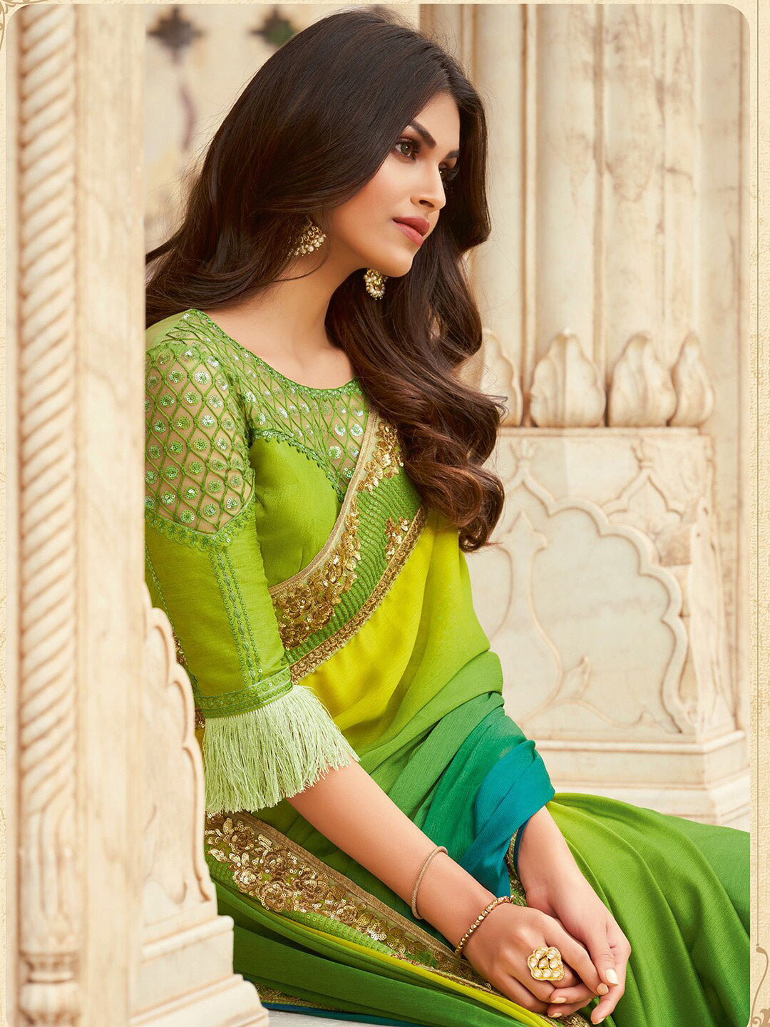 Mitera Green & Yellow Ombre Dyed Sequinned Poly Chiffon Saree - Distacart