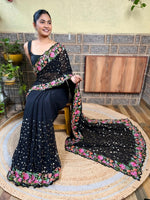 Thumbnail for Mitera Black & Pink Floral Sequinned Saree - Distacart