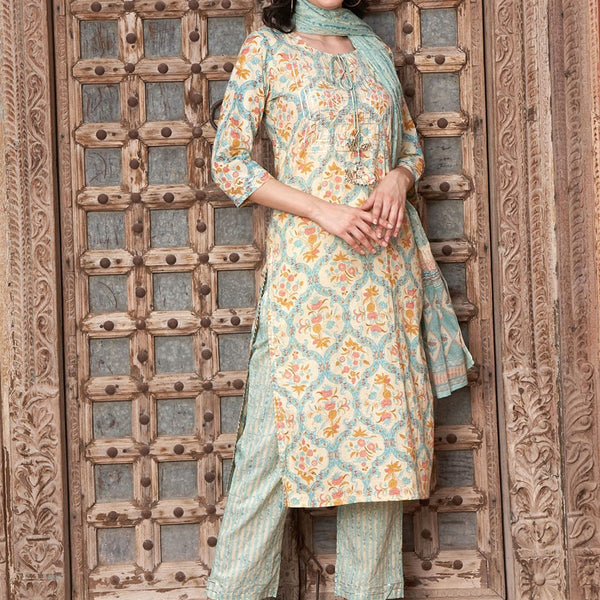 Sangria Orange Floral Printed Cotton Straight Kurta with Trousers & Dupatta - Distacart
