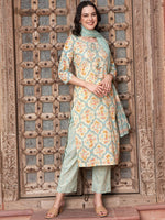 Thumbnail for Sangria Orange Floral Printed Cotton Straight Kurta with Trousers & Dupatta - Distacart