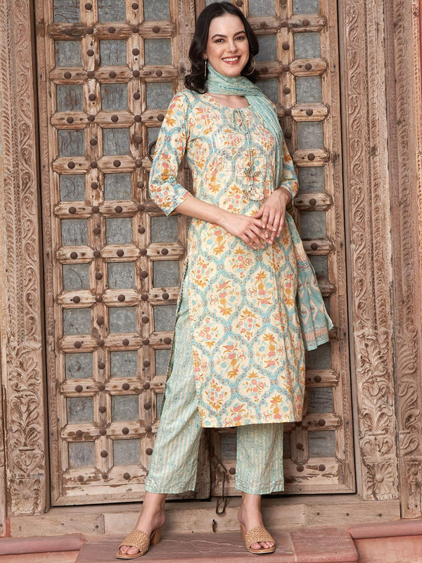 Sangria Orange Floral Printed Cotton Straight Kurta with Trousers & Dupatta - Distacart