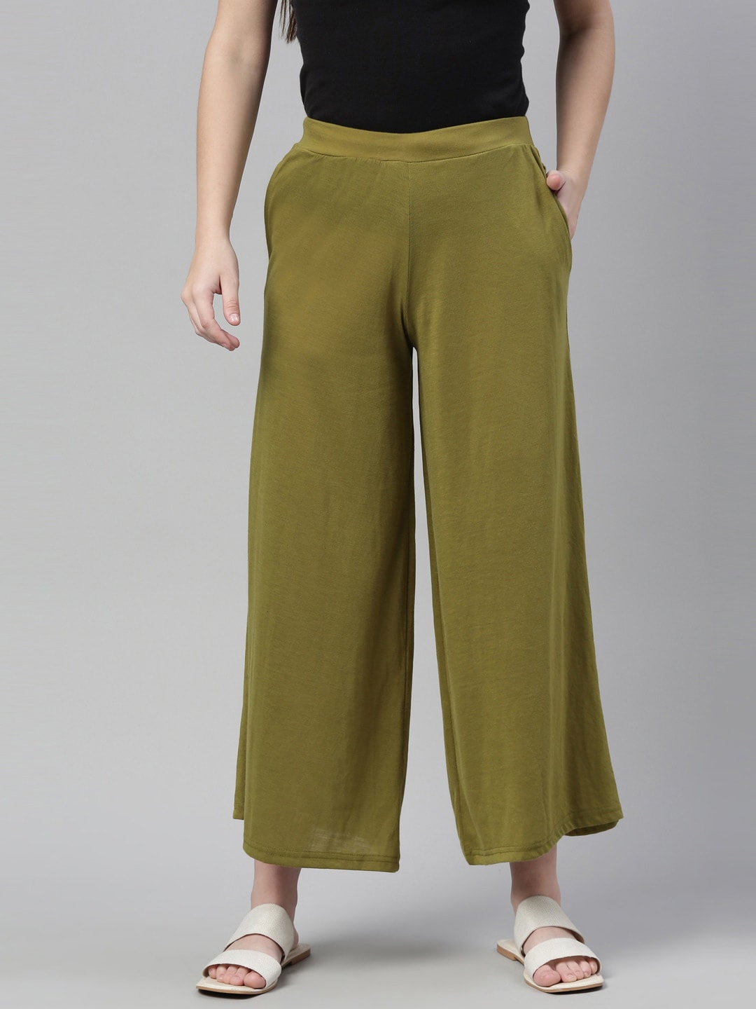Souchii Olive Green Knitted Ethnic Palazzos - Distacart