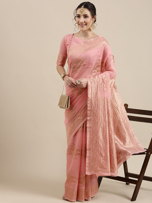 Saree Mall Pink Floral Linen Blend Banarasi Saree - Distacart