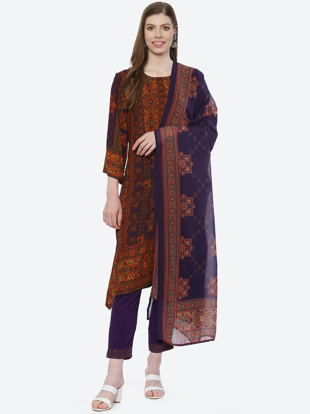 Biba Women Violet Ethnic Motifs Printed Kurta with Trousers & With Dupatta - Distacart