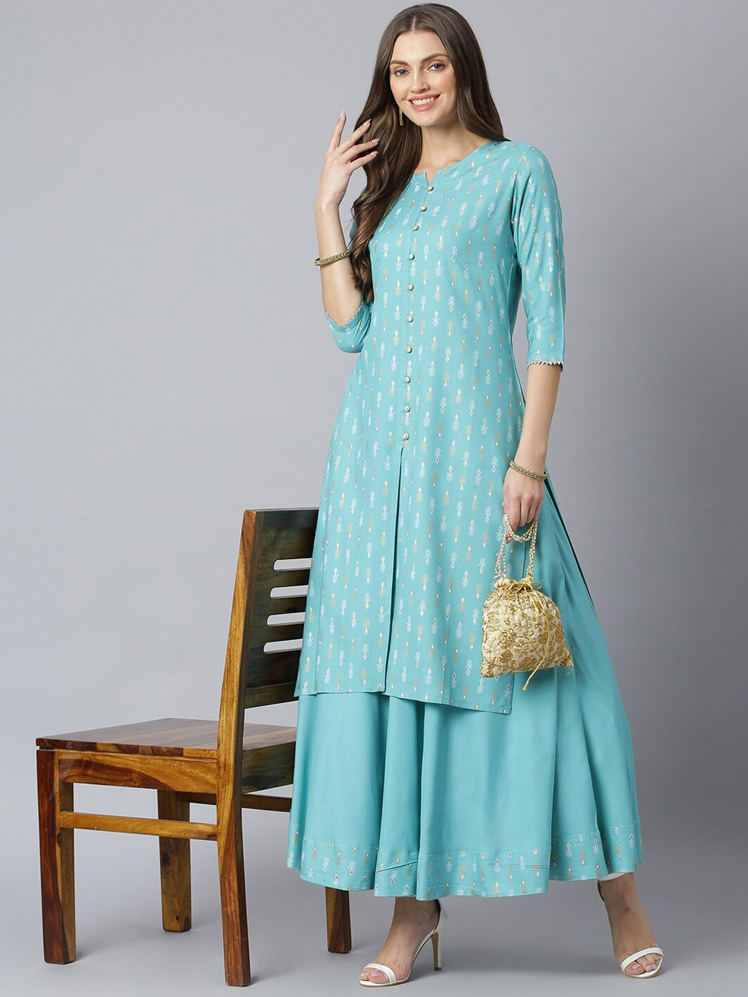 Khushal K Women Blue Printed Kurta with Palazzos - Distacart