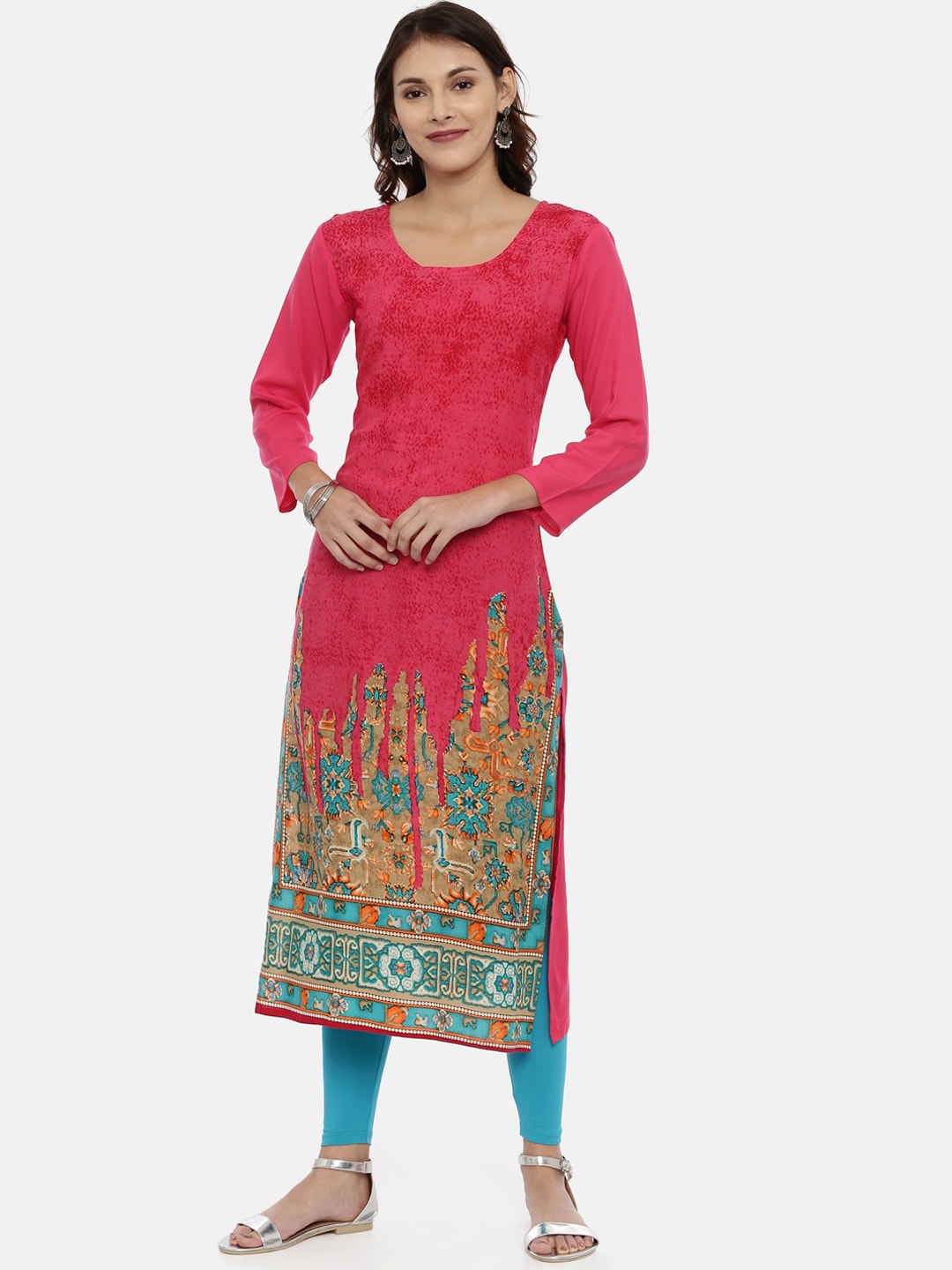 Souchii Pink & Mustard Yellow Printed Straight Kurta - Distacart