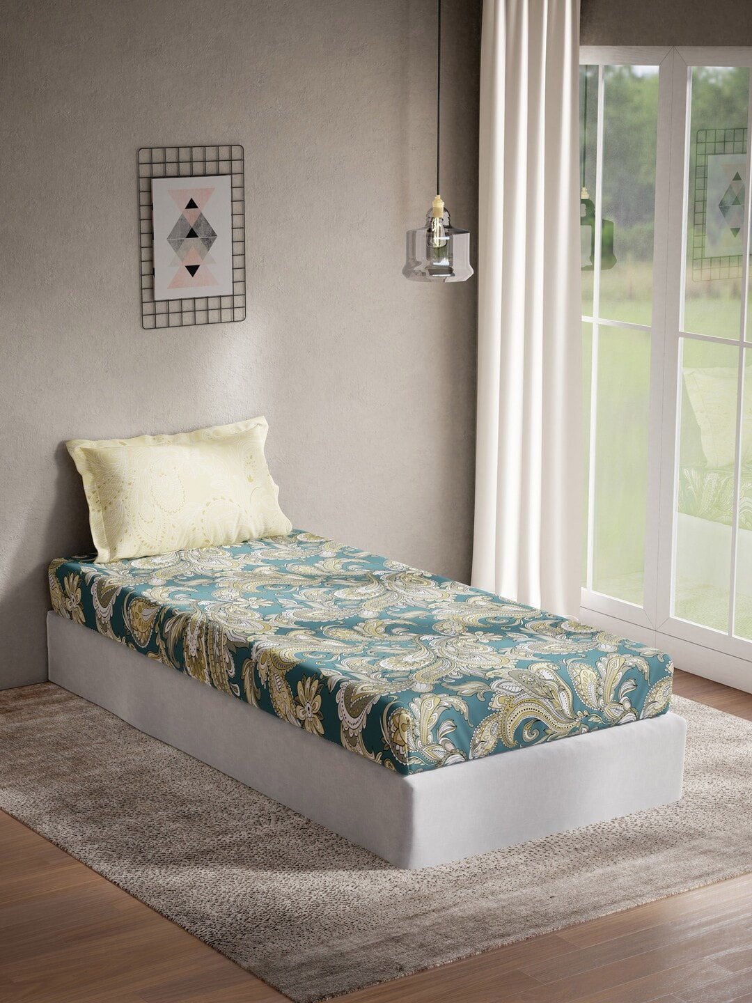 DDecor Green & Yellow Ethnic Motifs 144 TC Cotton Single Bedsheet with 1 Pillow Cover - Distacart