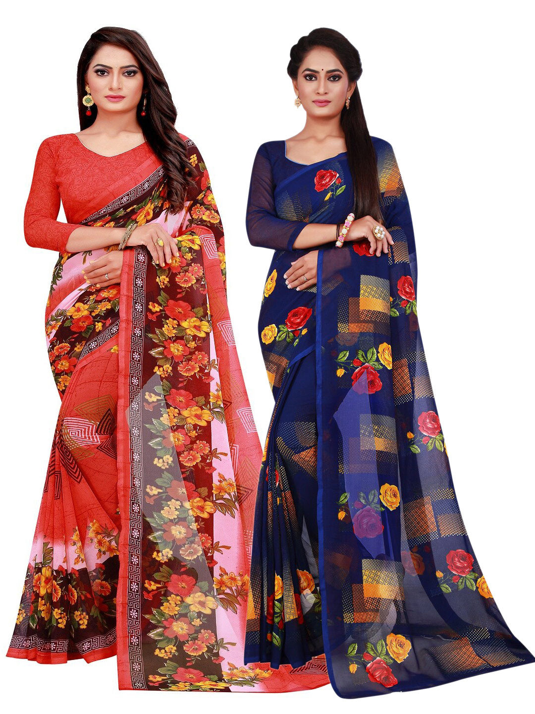 Kalini Pack Of 2 Navy Blue & Red Floral Printed Sarees - Distacart