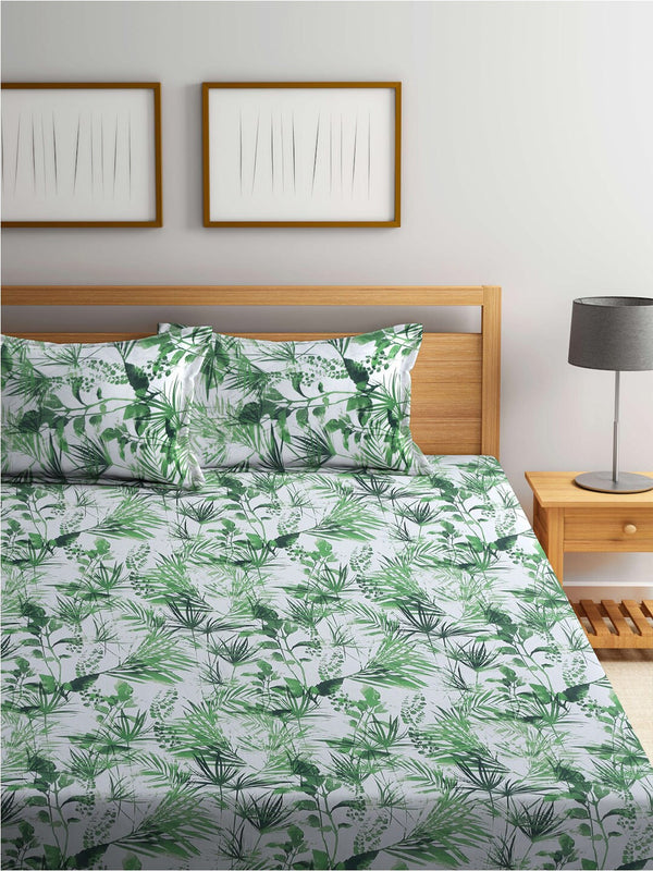 BOMBAY DYEING Serenita Green & White Floral Cotton 144TC Queen Bedsheet & 2 Pillow Covers - Distacart