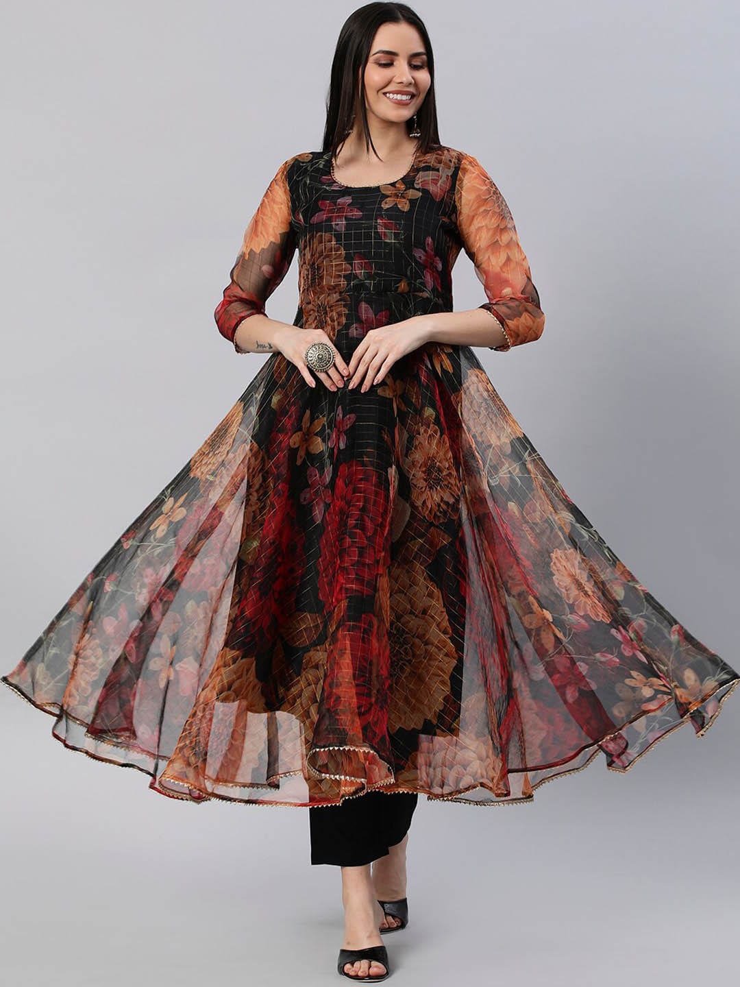 Kalini Women Black Floral Printed Anarkali Kurta With Trousers & Dupatta - Distacart