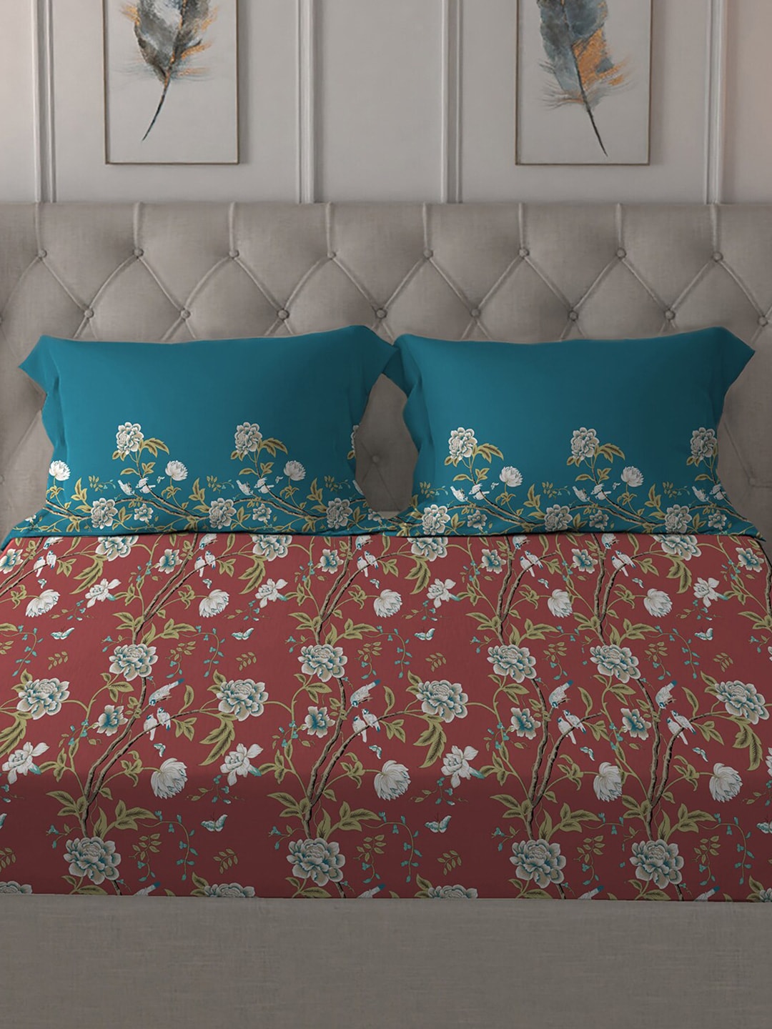 MYTRIDENT Maroon White Floral Pure Cotton 144 TC Queen Bedsheet With 2 Pillow Covers - Distacart