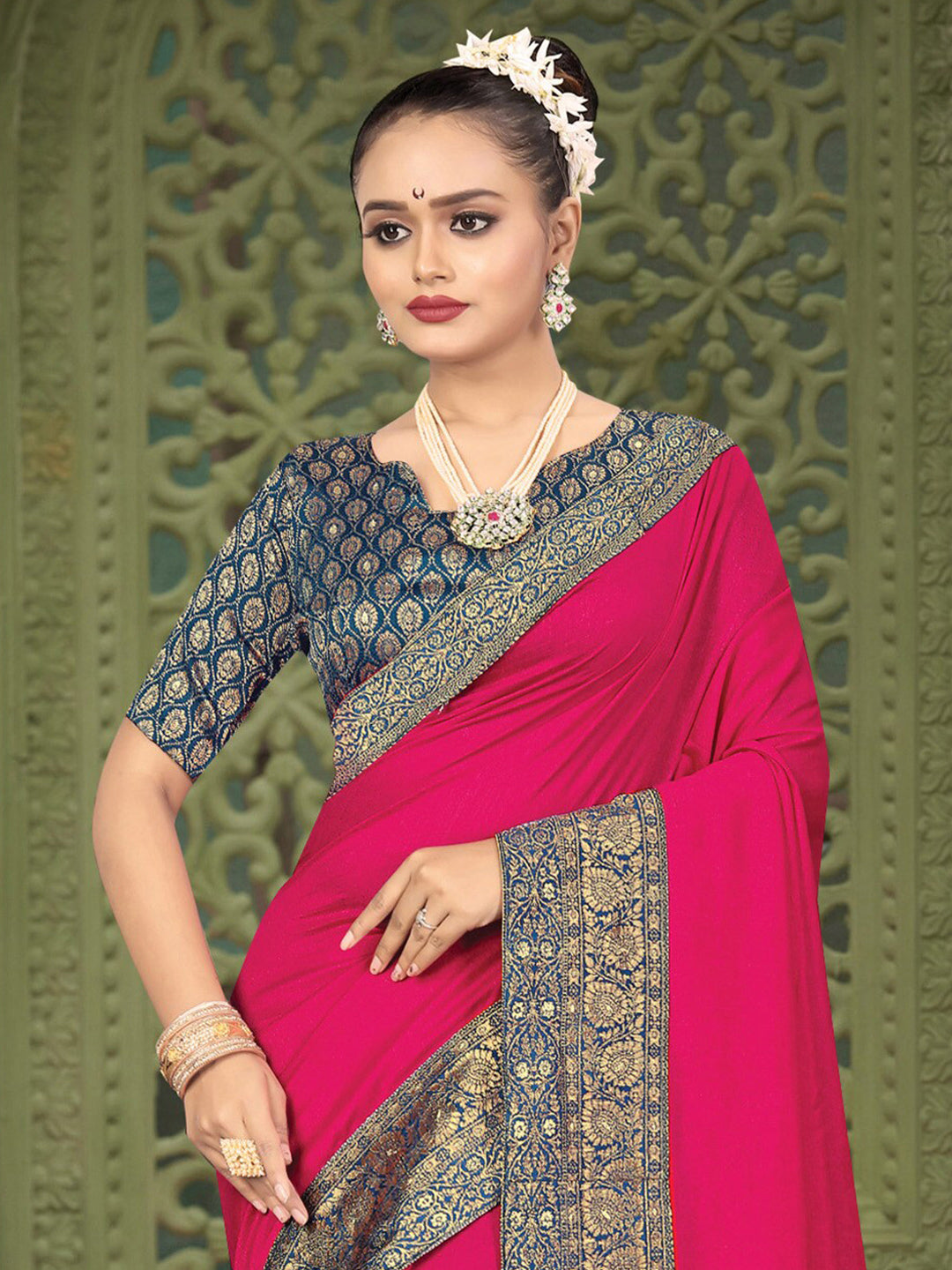 Kalini Pink & Teal Woven Design Zari Kanjeevaram Saree - Distacart