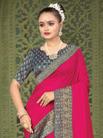 Thumbnail for Kalini Pink & Teal Woven Design Zari Kanjeevaram Saree - Distacart