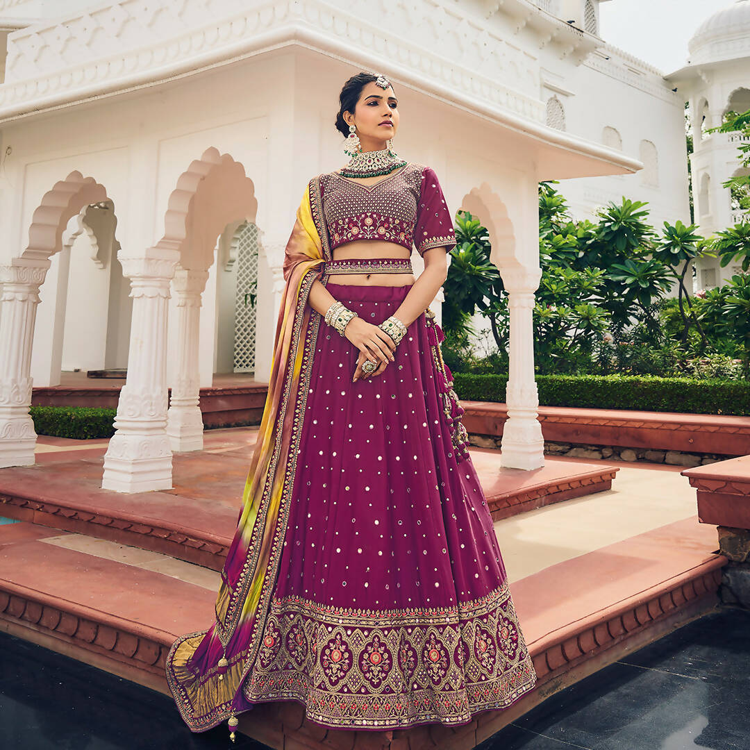 Wine Heavy Viscose Khatli, Embroidery & Mirror Work Unstitched Lehenga Choli - Sisha Keshav - Distacart